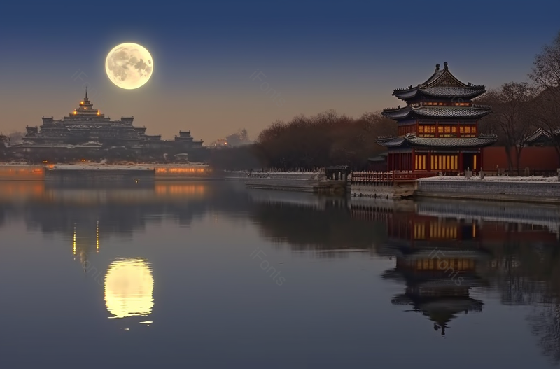 故宫阁楼湖边夜景摄影图,高清,摄影图,摄影图片,图片大全,摄影图免费下载